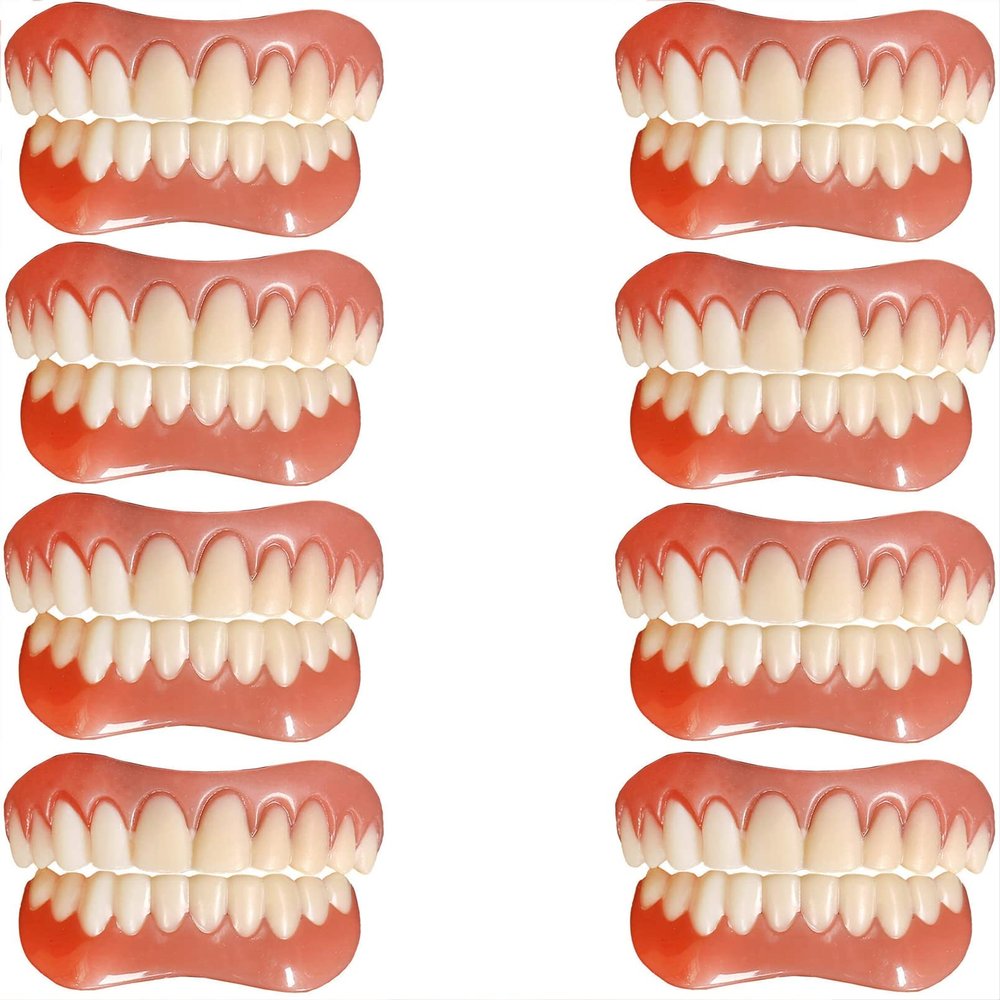 Immediate Fake Teeth Reusable Perfect Smile Upper and Lower Jaw Veneers Teeth Dental Silicone Tooth Whitening Temporary Prosthesis Teeth for Men Women Cover Missing Teeth,A,8pc