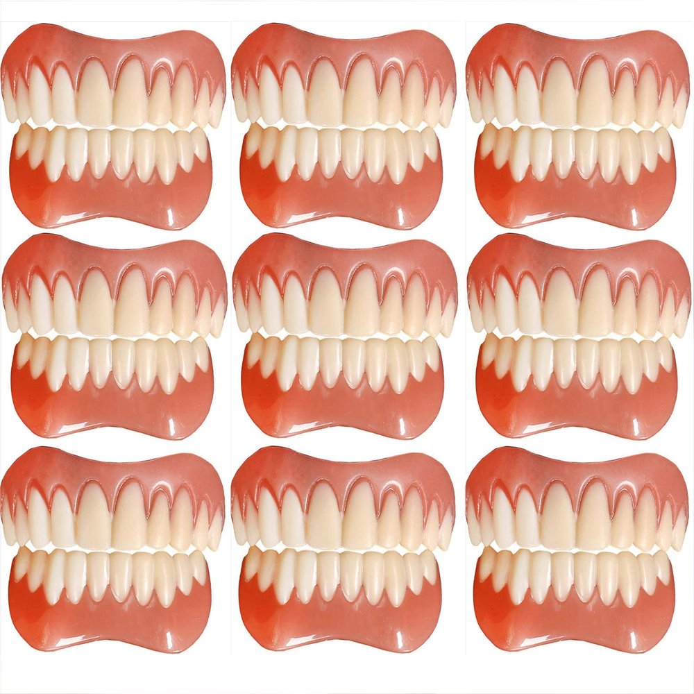 Instant Dentures Temporary Natural Tone Cosmetic Veneer Dental Silicone Tooth Reusable Detachable Perfect Smile Top Bottom Whitening Prosthesis Teeth Men and Women,A,9PC