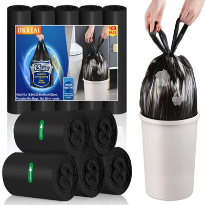15l Bin Bags Small Black Bin Liners with Tie Handle160 Counts Mini Garbage Bags Plastic Waste Bags Rubbish Bags Kitchen Pedal Trash Bags for Toilet,Office,Bathroom,Bedroom, Fit 12-20L Swing Bin