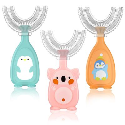 Fantasyon 3 Pack Kids U-Shaped Toothbrush, Food Grade Soft Silicone Brush Head, 360 Whole Mouth Manual Training Tooth Brush for Toddlers and Children 6-12 Years Old, Blue,orange,pink