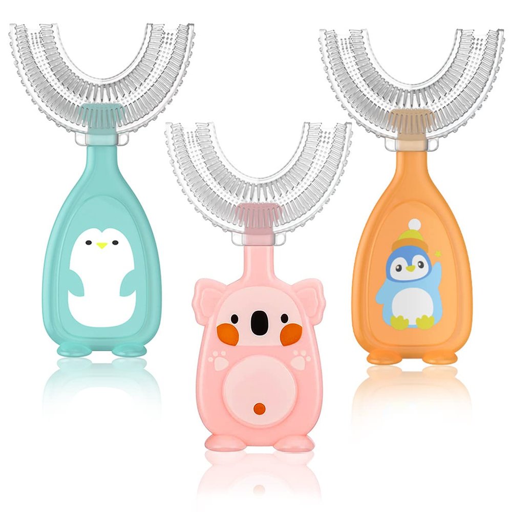Fantasyon 3 Pack Kids U-Shaped Toothbrush, Food Grade Soft Silicone Brush Head, 360 Whole Mouth Manual Training Tooth Brush for Toddlers and Children 6-12 Years Old, Blue,orange,pink