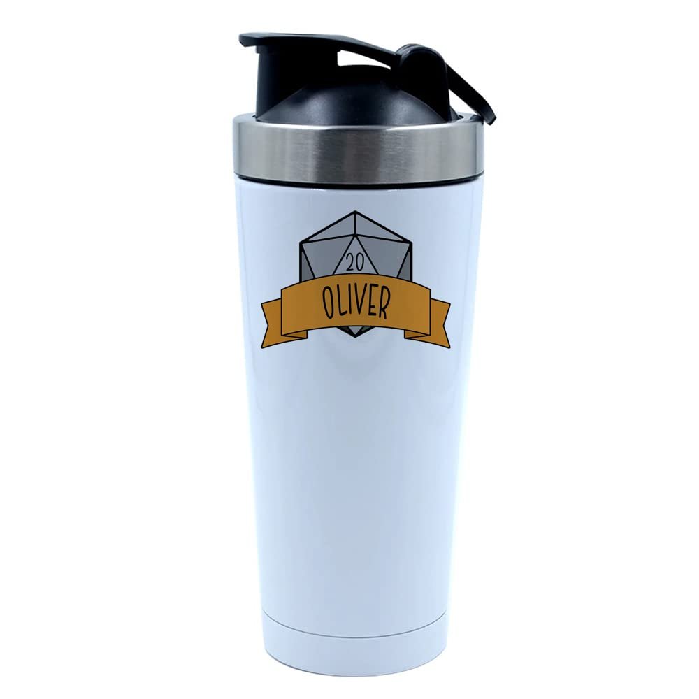 500ml Aluminium Shaker Bottle for Supplement Shakes - Easy Clean, Durable Cup Personalised DnD theme RPG Gamer, Birthday, Christmas, Secret Santa. (White)