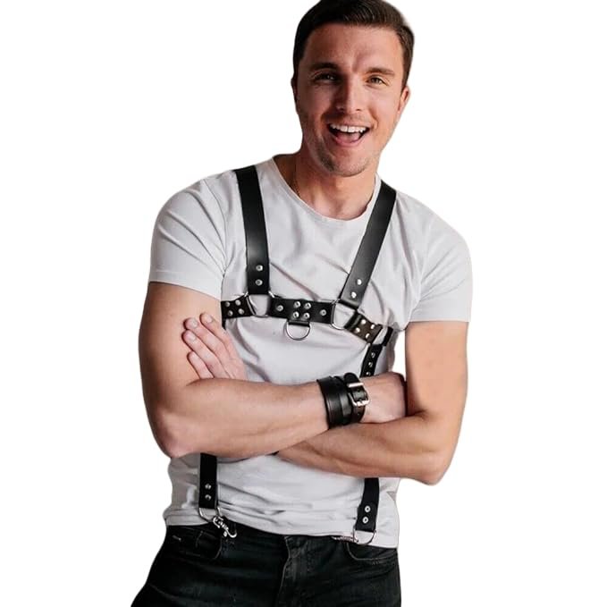 MEACOBRY Men's Faux Leather Body Chest Harness Adjustable Punk Belt Shoulder Straps with Buckle for Party Cosplay Costume, Black21
