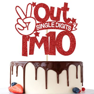 Out Single Digits I'm 10 Cake Topper, Double Digits 10, for Boys Girls 10th Birthday Decorations, Happy 10th Bithday Decorations Red Glitter