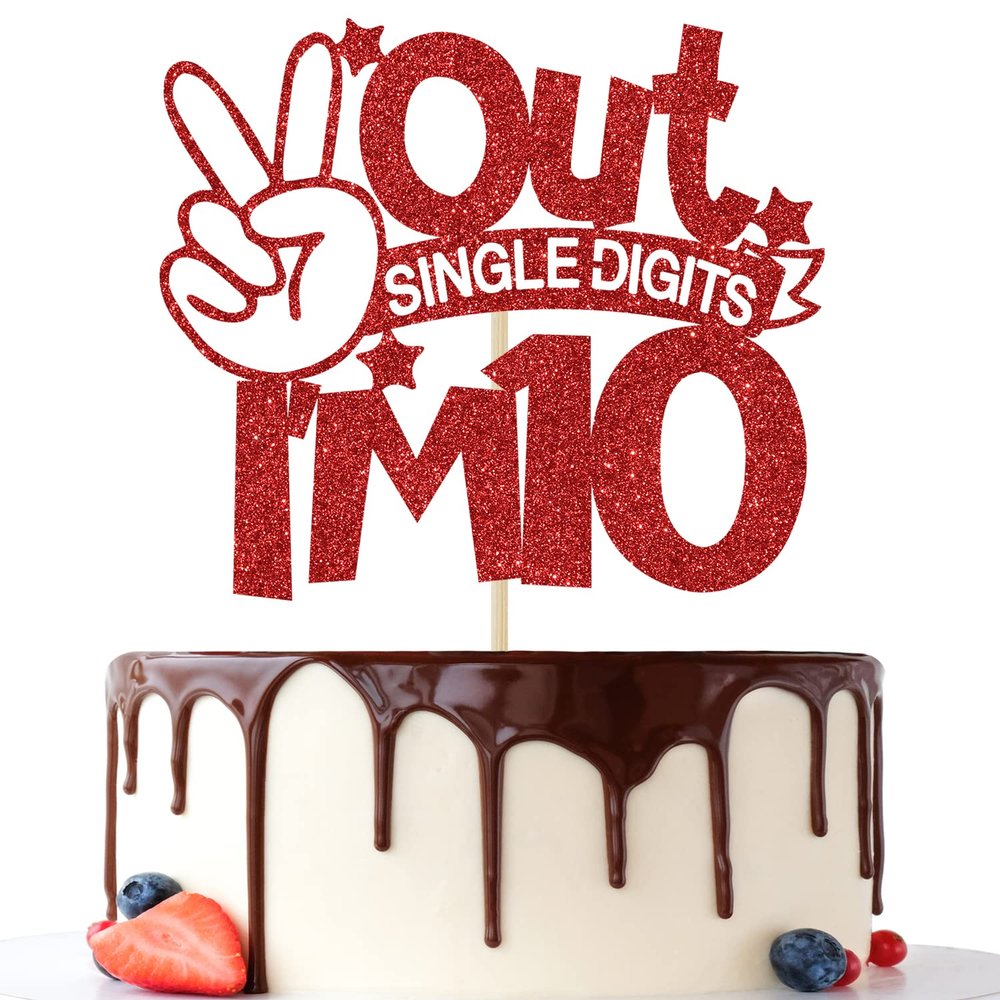 Out Single Digits I'm 10 Cake Topper, Double Digits 10, for Boys Girls 10th Birthday Decorations, Happy 10th Bithday Decorations Red Glitter