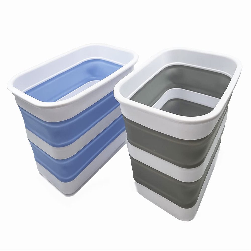 SAMMART 12L Collapsible Tub - Portable Outdoor Picnic Tray - Portable Washing Basin - Space Saving Plastic Washtub (Grey + Baby Blue (Set of 2))