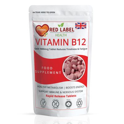Red Label Health Vitamin B12 Tablets High Strength 1000mcg for Men & Women, Pack of 120 Tablets (4 Months Supply), Methylcobalamin B12 Vitamin for Tiredness and Fatigue, Vegetarian, Vegan
