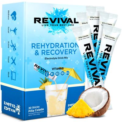 Revival Rapid Rehydration, Electrolytes Powder - High Strength Vitamin C, B1, B3, B5, B12 Supplement Sachet Drink, Effervescent Electrolyte Hydration Tablets - 30 Pack Pina Colada
