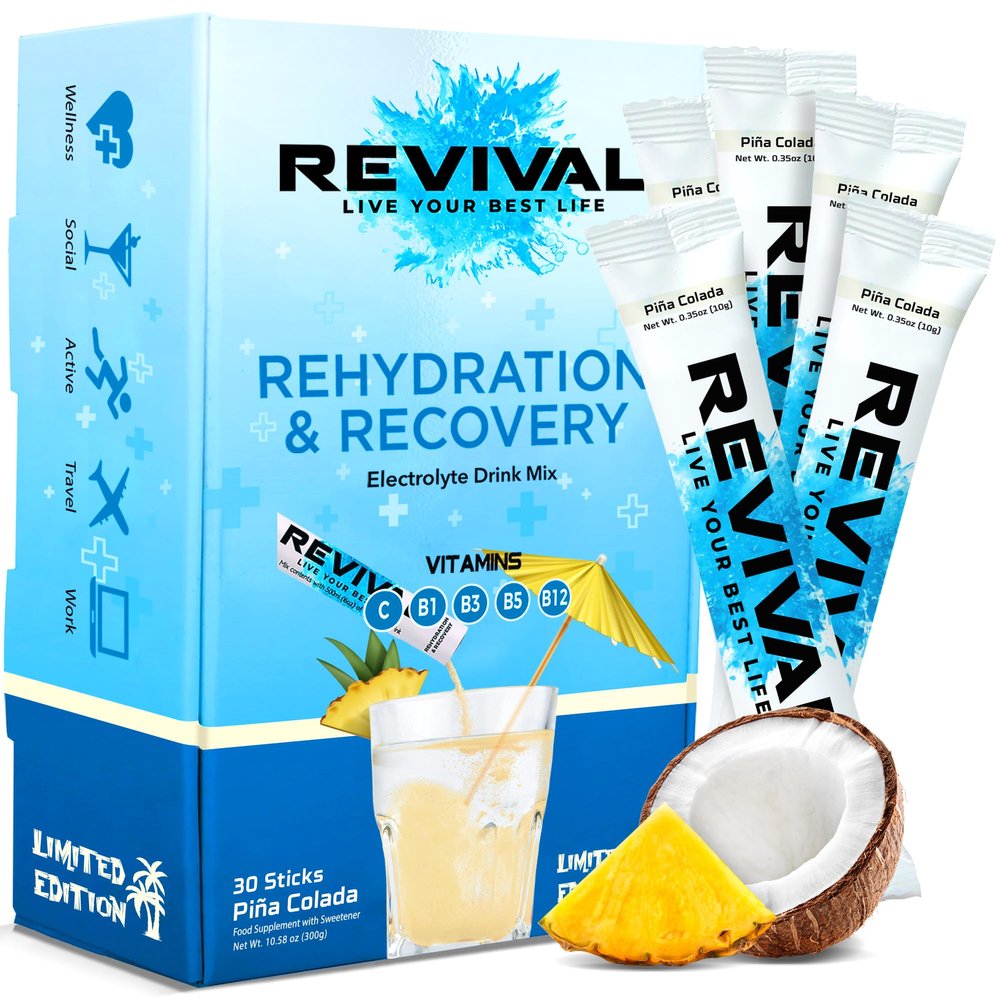 Revival Rapid Rehydration, Electrolytes Powder - High Strength Vitamin C, B1, B3, B5, B12 Supplement Sachet Drink, Effervescent Electrolyte Hydration Tablets - 30 Pack Pina Colada