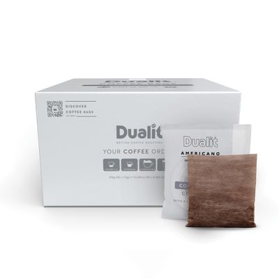 50 Premium Americano Coffee Bags by Dualit - Compostable Coffee Bag with Recyclable Sachet For Easy, Mess Free Coffee On The Go - Individually Wrapped for Freshness - Americano