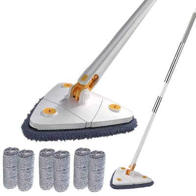 360 Rotatable Adjustable Cleaning Mop, Triangular Cleaning Mop Telescopic Scrubber Brush for Hardwood Windows Floor Wall Tile Triangle Mop Set with 6Pcs Cloth (White Mop)