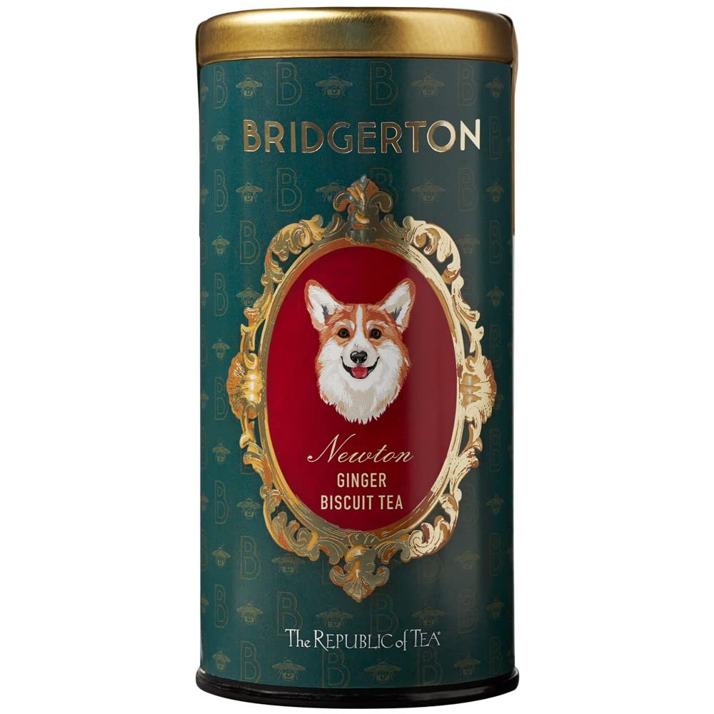 The Republic of Tea Bridgerton Newton Ginger Biscuit Tea, 36 tea bags in metal tin - caffeine-free rooibos tea with spices and storage tin in sweet Bridgerton design