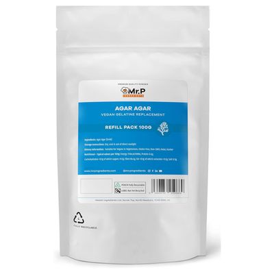Mr.P Ingredients Agar Agar 100g Powder Vegan Gelatine Replacement Ideal for Jelly Mousse Molecular Gastronomy Gelling Agent Vegan Vegetarian Halal Kosher Non-GMO Resealable Pouche