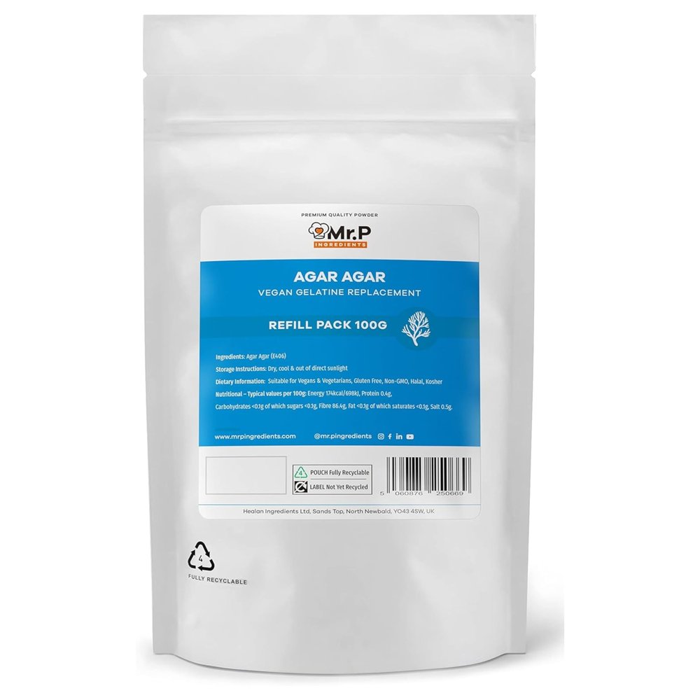 Mr.P Ingredients Agar Agar 100g Powder Vegan Gelatine Replacement Ideal for Jelly Mousse Molecular Gastronomy Gelling Agent Vegan Vegetarian Halal Kosher Non-GMO Resealable Pouche