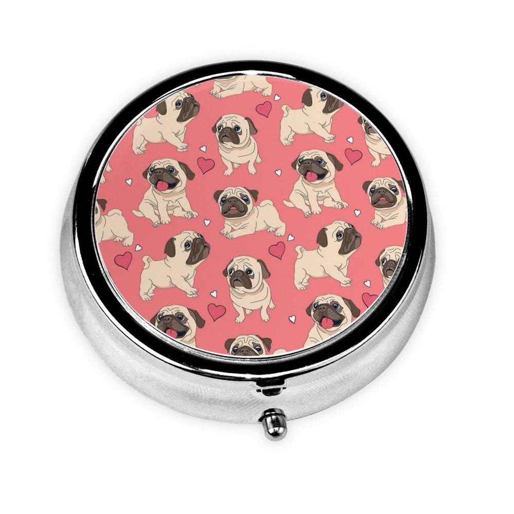 Funny Cartoon Pug Puppy Dog Round Pill Case Portable 3 Compartment Pill Case for Pocket, Purse 2.0x2.0x0.7 Inch (1 Pack)