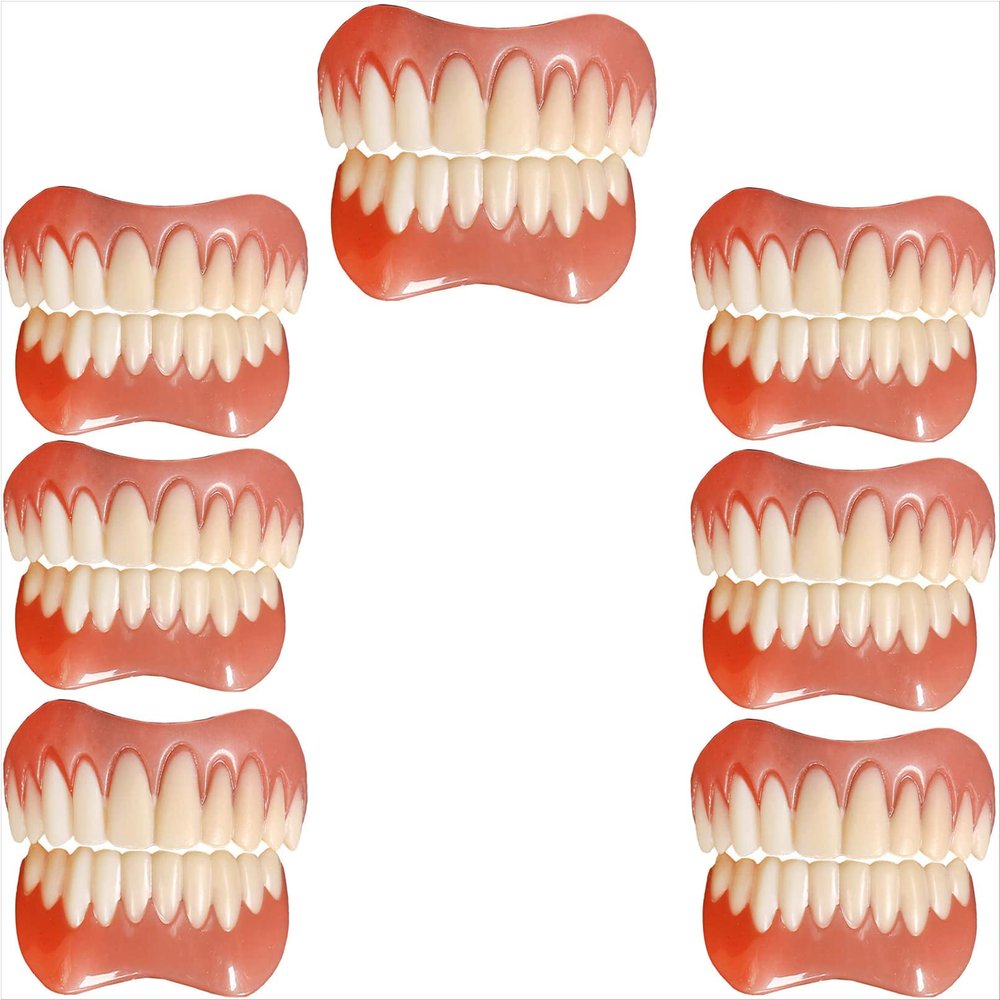 Instant Dentures Comfortable Natural Tone Veneers Dental Reusable Perfect Smile Top Bottom Silicone Tooth Whitening Temporary Prosthesis Teeth for Men and Women,7pc