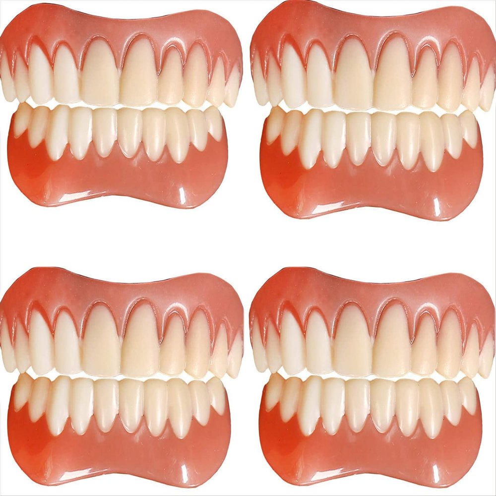 Instant Dentures Temporary Natural Tone Cosmetic Veneer Dental Silicone Tooth Reusable Detachable Perfect Smile Top Bottom Whitening Prosthesis Teeth Men and Women,4pc