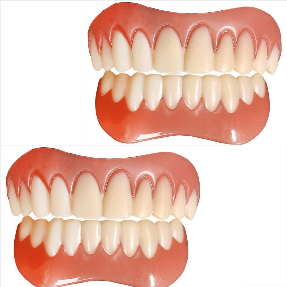 Immediate Fake Teeth Reusable Perfect Smile Upper and Lower Jaw Veneers Teeth Dental Silicone Tooth Whitening Temporary Prosthesis Teeth for Men Women Cover Missing Teeth,2pc