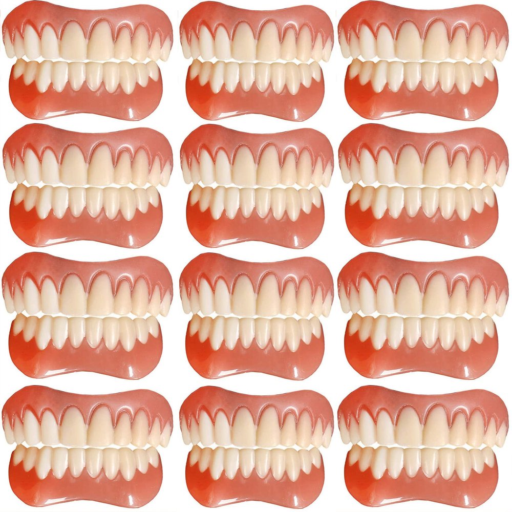 Instant Dentures Comfortable Natural Tone Veneers Dental Reusable Perfect Smile Top Bottom Silicone Tooth Whitening Temporary Prosthesis Teeth for Men and Women,12pc