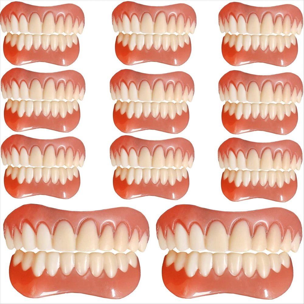 Instant Dentures Temporary Natural Tone Cosmetic Veneer Dental Silicone Tooth Reusable Detachable Perfect Smile Top Bottom Whitening Prosthesis Teeth Men and Women,11pc