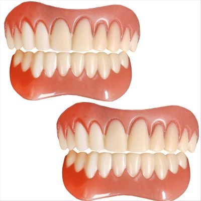 Instant Dentures Temporary Natural Tone Cosmetic Veneer Dental Silicone Tooth Reusable Detachable Perfect Smile Top Bottom Whitening Prosthesis Teeth Men and Women,2pc