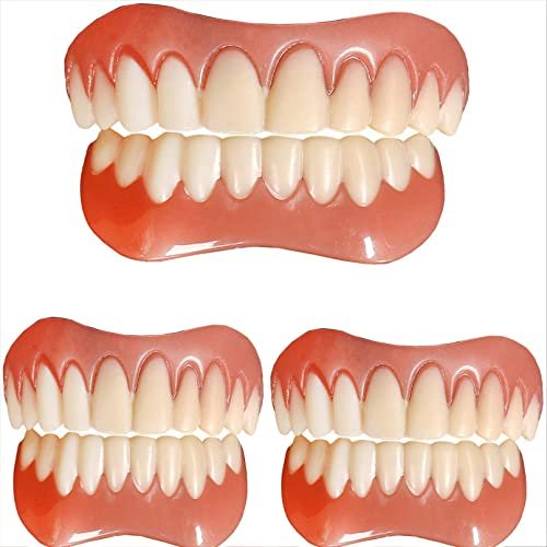 Immediate Fake Teeth Reusable Perfect Smile Upper and Lower Jaw Veneers Teeth Dental Silicone Tooth Whitening Temporary Prosthesis Teeth for Men Women Cover Missing Teeth,3pc