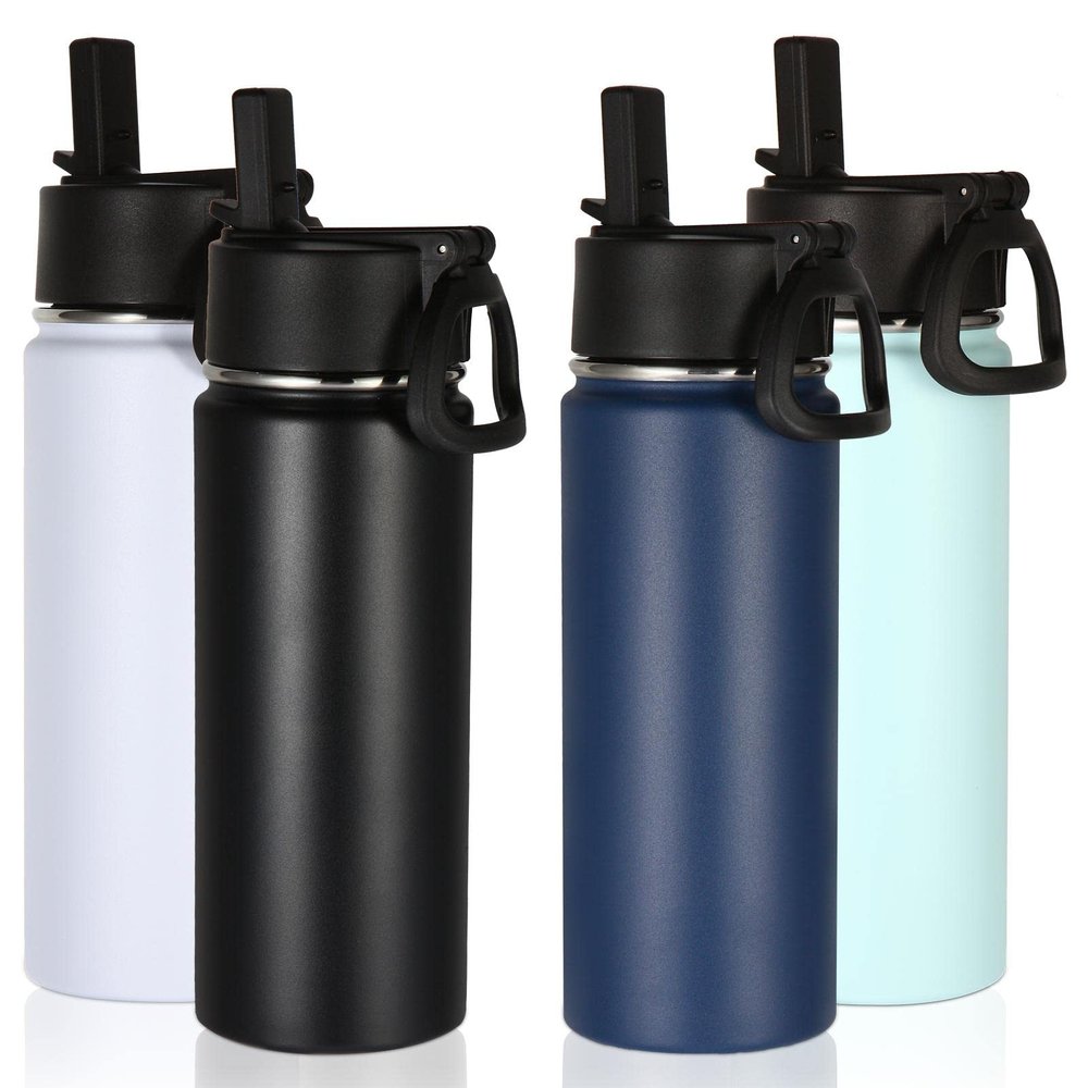 Volhoply 530ml 18oz Insulated Water Bottle Bulk 4 Pack, Kids Stainless Steel Water Bottles with Straw Lid, Reusable Metal Wide Mouth Sports Flask Keep Hot and Cold (Mix,4 Pack)