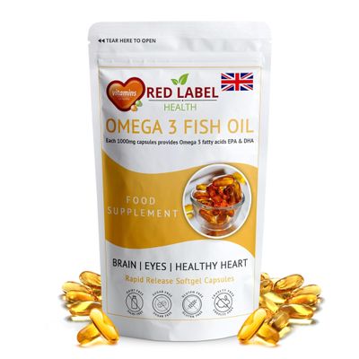 Red Label Health Omega 3 Fish Oil 1000mg, Pack of 360 Soft Gel Capsules (1 Year Supply), Double Strength 180mg EPA and 120mg DHA, Supports Eye, Heart & Brain Health for Men & Women - UK Made