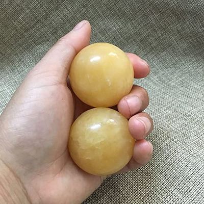 1Pair 50mm Natural Jade Baoding Ball Fitness Handball Quartz Sphere Relaxation Hand Wrist Exercise Stone,Yellow Jade