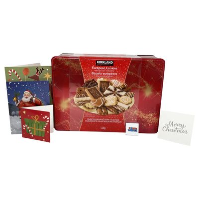 Boxed Treatz European Cookies with Belgian Chocolate Gift Set, 15 Varieties in Decorative Tin with Christmas Card, 1.4kg