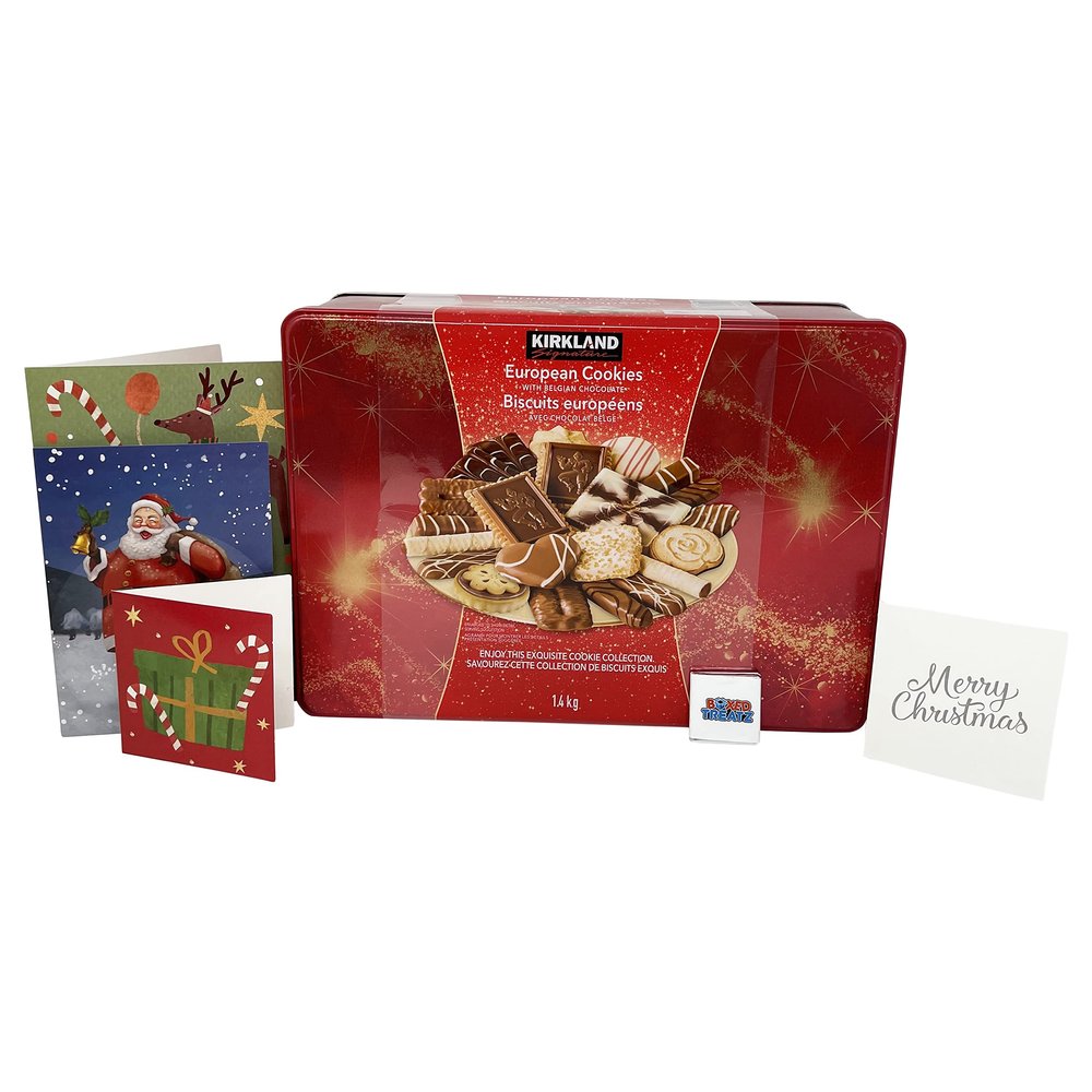 Boxed Treatz European Cookies with Belgian Chocolate Gift Set, 15 Varieties in Decorative Tin with Christmas Card, 1.4kg