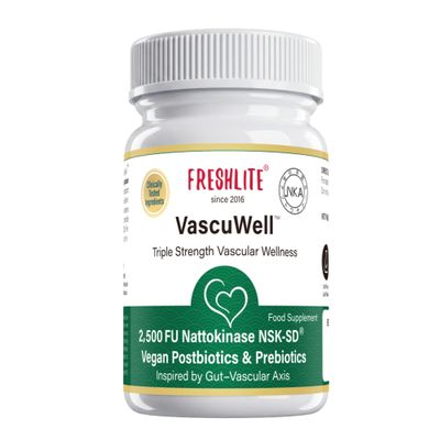 FRESHLITE Nattokinase NSK-SD 2500 FU - Heart & Circulation Support - Cholesterol & Blood Pressure Wellness - Vegan Postbiotics & Prebiotics - VascuWell 60 Vegan Capsules, Made in Japan