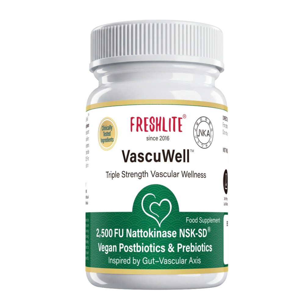 FRESHLITE Nattokinase NSK-SD 2500 FU - Heart & Circulation Support - Cholesterol & Blood Pressure Wellness - Vegan Postbiotics & Prebiotics - VascuWell 60 Vegan Capsules, Made in Japan