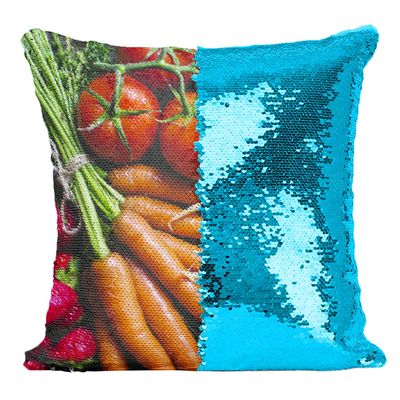 Fabulous Sequin Cushion Cover Teal Assorted Vegetables and Fresh Fruit Orange and White Carrots -Grape Strawberry Kiwi Tomatoes Apple Food Healthy Vegan Yummy