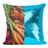 Fabulous Sequin Cushion Cover Teal Assorted Vegetables and Fresh Fruit Orange and White Carrots -Grape Strawberry Kiwi Tomatoes Apple Food Healthy Vegan Yummy view 1