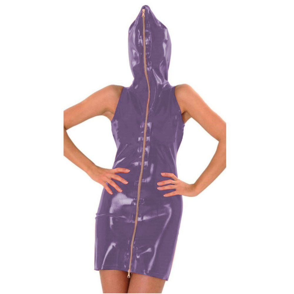 Ladies Sleeveless Latex Hooded Mini Dress Novelty Zipper Front PVC Cosplay Party Dress Sexy Bodycon Clubwear,Dark Purple,M