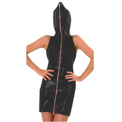 Ladies Sleeveless Latex Hooded Mini Dress Novelty Zipper Front PVC Cosplay Party Dress Sexy Bodycon Clubwear,Black,6XL