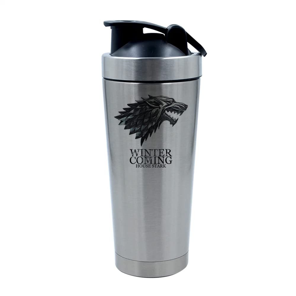 500ml Aluminium Shaker Bottle for Supplement Shakes - Easy Clean, Durable Cup Winter is Coming Stark wolf, Birthday, Christmas, Secret Santa. (Silver)