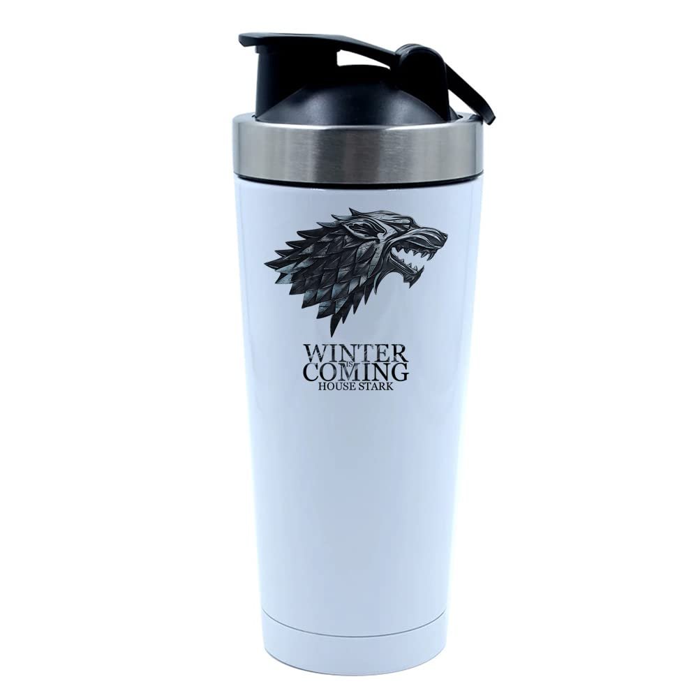 500ml Aluminium Shaker Bottle for Supplement Shakes - Easy Clean, Durable Cup Winter is Coming Stark wolf, Birthday, Christmas, Secret Santa. (White)