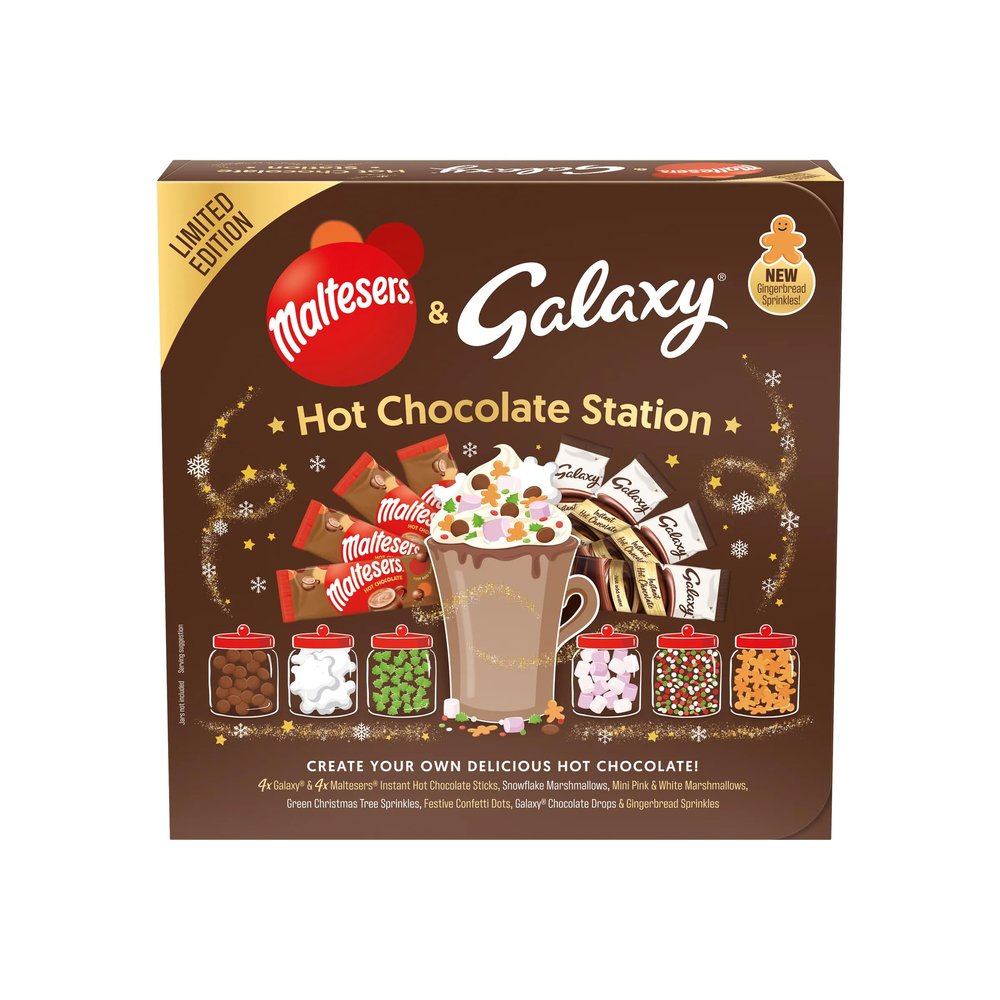 Galaxy Hot Chocolate Station | Hot Chocolate Gift Set Featuring Galaxy & Maltesers Hot Chocolate Sachets | Create your own hot chocolate experience with 6 toppings | Pack of 1, 15 Piece Set