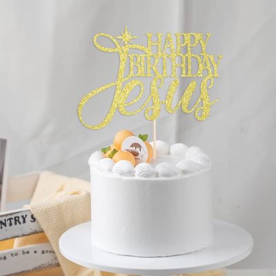 Happy Birthday Jesus Cake Topper,Jesus Birthday Cake Decor,Good Friday Cake Decoration, Jesus is Reason for the Season for Nativity Scene Christmas Birthday Party Decorations,Merry Christmas (gold)