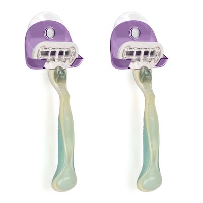 kwmobile 2X Razor Holder with Suction Cup - Self-Adhesive Shaver Wall Mount - Bathroom Organizer for Glass and Tiles - Lavender/Transparent