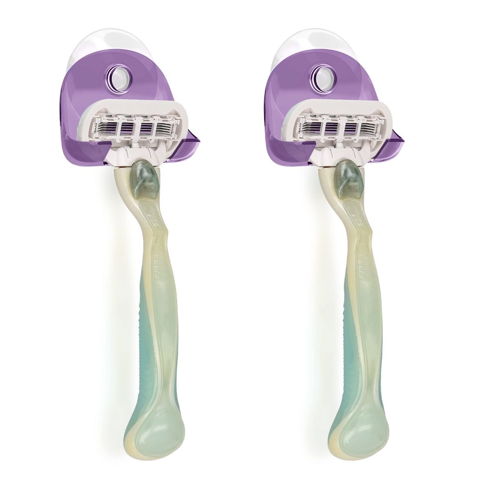 kwmobile 2X Razor Holder with Suction Cup - Self-Adhesive Shaver Wall Mount - Bathroom Organizer for Glass and Tiles - Lavender/Transparent