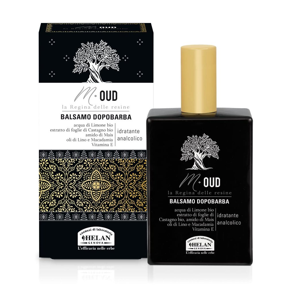 Helan M Oud - Mens Aftershave Balm Gentle & Moisturising, Calming Action against Irritation - Soothing Aftershave Men with Vitamin E, Linseed & Macadamia Oils, Gifts for Him - Made in Italy, 75 ml