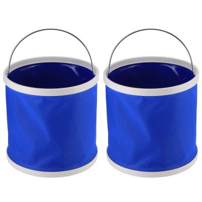 Beufee 2Pcs Blue 9L Cleaning Bucket, Collapsible Bucket Oxford Cloth and ABS Materials Portable Folding Bucket Water Container for Camping Hiking,Outdoor Fishing Storage Pot with Handle