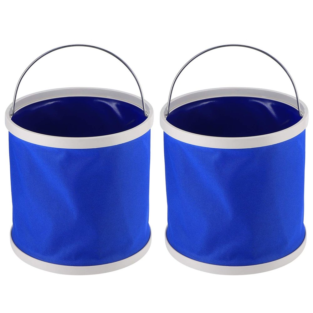 Beufee 2Pcs Blue 9L Cleaning Bucket, Collapsible Bucket Oxford Cloth and ABS Materials Portable Folding Bucket Water Container for Camping Hiking,Outdoor Fishing Storage Pot with Handle