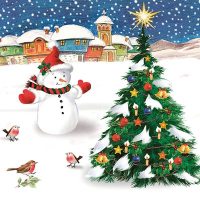 DAISY 3-Ply Children Theme Xmas Decoupage Tissue Paper Napkins Decorative Christmas Serviettes 33cm x 33cm - Pack of 20 (Snowman with Xmas Tree)
