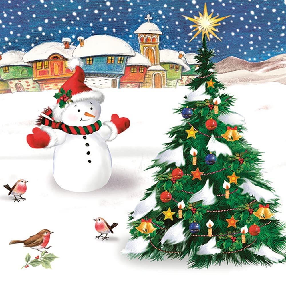 DAISY 3-Ply Children Theme Xmas Decoupage Tissue Paper Napkins Decorative Christmas Serviettes 33cm x 33cm - Pack of 20 (Snowman with Xmas Tree)