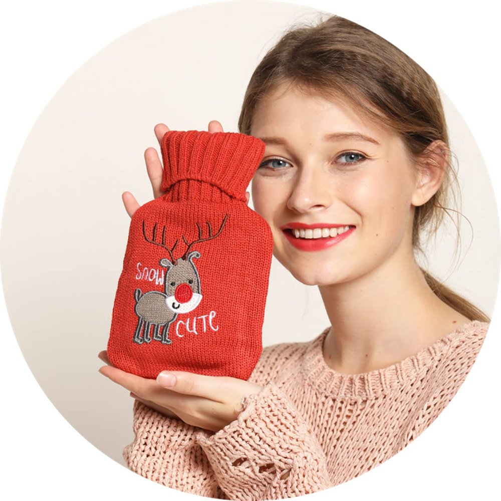 Cute Hot Water Bottles for Pain Relief with Knitted Cover Small Extra Large Rubber Hot Water Bottles for Cramps (Lucky Dog, 1000ml(34oz))
