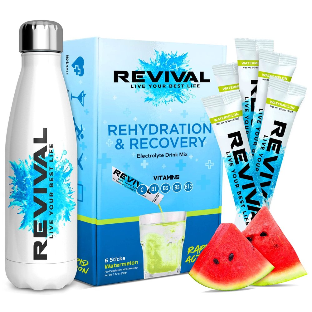 Revival Rapid Rehydration Starter Pack - 500ml Steel Water Bottle with 1 x 6 Packs Electrolytes Powder Sachets - Watermelon